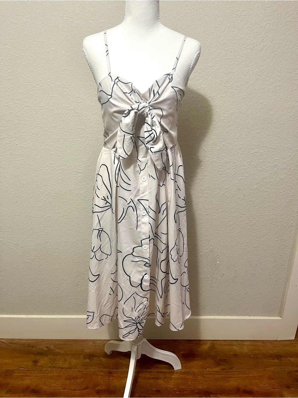 White Floral Tie-Front Midi Dress